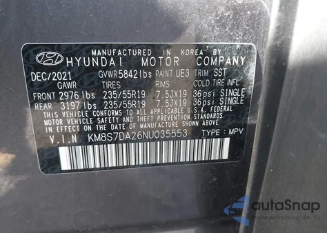 2022 Hyundai Santa Fe Plug-In Hybrid Limited из США, поврежденный, VIN KM8S7DA26NU035553